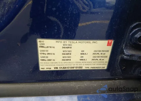 2017 Tesla Model S 60/75 z USA, uszkodzony, nr VIN 5YJSA1E1XHF191050